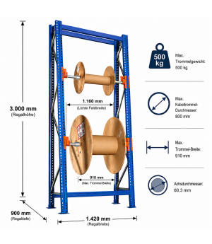 Kabeltrommelregal Grundregal SchrägRoll 3000x900/380 mm/ 2 Achsen je 1140 mm, Trommelgewicht 500 kg