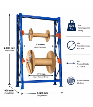 Kabeltrommelregal Grundregal SchrägRoll 2000x900/553 mm, 2 Achsen je 1340mm, Trommelgewicht 500 kg