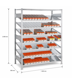 Kanbanregal Grundregal 2000x1300x500 mm, verzinkt, 7+1 Fachböden, 150 kg Fachlast, mit Trenn- und Seitenführungen
