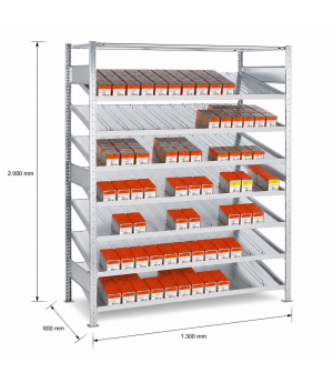 Kanbanregal Grundregal 2000x1300x600 mm, verzinkt, 7+1 Fachböden, 150 kg Fachlast, mit Trenn- und Seitenführungen