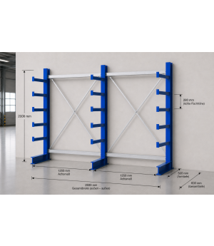 Kragarmregal K1000 Set Einseitig 3 Ständer,2000x500mm, Achsmaß 1250mm