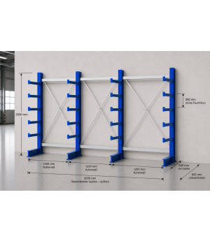 Kragarmregal K1000 Set Einseitig 4 Ständer,2000x500mm, Achsmaß 1250mm