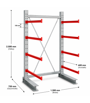 Kragarmregal K 3000 Komplettregal einseitig, 2500x1300x600 mm (HxBxT), 5 Lagerebenen SCHULTE Lagertechnik