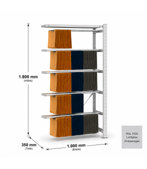 Pendelhefterregal Anbauregal Zippel 1800x1000x350 mm, 5 Pendelstangen