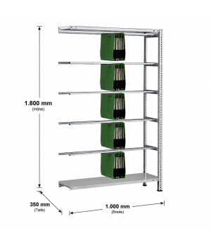 Pendelhefterregal Anbauregal Schraubsystem "Elba/Leitz", 1800x1000x350 mm, RAL 7035 lichtgrau, 5 Pendelstangen