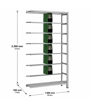 Pendelhefterregal Anbauregal Schraubsystem "Elba/Leitz", 2300x1000x350 mm, RAL 7035 lichtgrau, 7 Pendelstangen