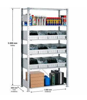 Schüttgutmuldenregal Grundregal 2000x1000x500 mm 6 Multi-Plus Böden 150 kg Fachlast