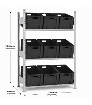 Schrägbodenregal Grundregal 2000x1300x600 mm, verzinkt/RAL 7035 lichtgrau, 150 kg Fachlast, 3 Fachböden, T-Profil Ständerrahmen MULTIplus vormontiert