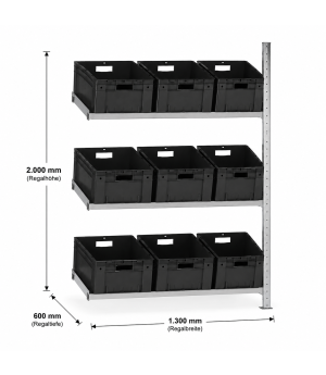 Schrägbodenregal Anbauregal 2000x1300x600 mm, verzinkt/RAL 7035 lichtgrau, 150 kg Fachlast, 3 Fachböden, T-Profil Ständerrahmen MULTIplus vormontiert