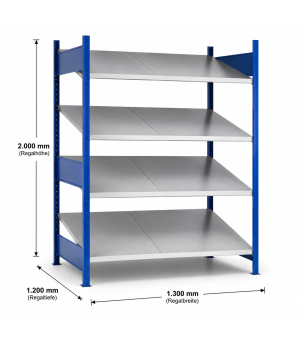 Schrägbodenregal Grundregal XL MULTIplus150, 2000x1300x1200 mm, RAL 5010 enzianblau/verzinkt, 2x5 Fachböden