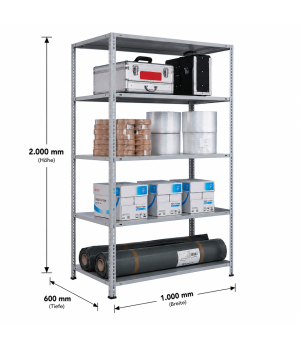 Schraubregal Grundregal 2000x1000x600 mm (HxBxT), verzinkt, 5 Fachböden, 85 kg Fachlast