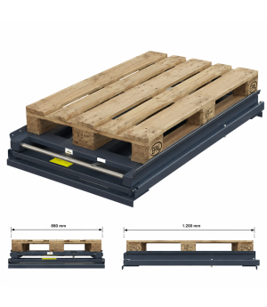 Palettenauszug, Schublade für Paletten, Europaletten, 800x1200 mm, 600 kg, 70% Auszug, Traversenmontiert