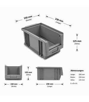 Sicht-Lagerkasten 230x150x125 mm Modell F, grau