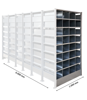 Wabenregal Anbauregal, 2.500x1.000x6.000 mm (HxBxT), 10 Ebenen, 40 Fächer, 85 kg/Fach, verzinkt