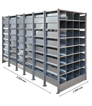 Wabenregal Grundregal, 2.500x1.000x3.000 mm (HxBxT), 10 Ebenen, 40 Fächer, 85 kg/Fach, verzinkt
