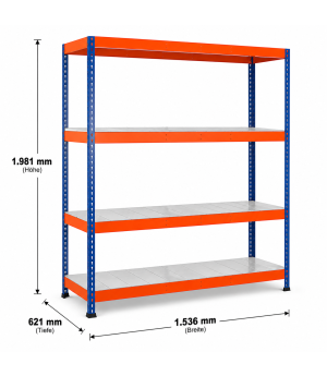 Weitspannregal Z1 Grundregal mit Stahlpaneelen, 1981x1536x621 mm (HxBxT), blau/orange/verzinkt, 4 Ebenen, Fachlast 767 kg, Feldlast 3.200 kg