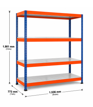 Weitspannregal Z1 Grundregal mit Stahlpaneelen, 1981x1536x773 mm (HxBxT), blau/orange/verzinkt, 4 Ebenen, Fachlast 709 kg, Feldlast 3.200 kg