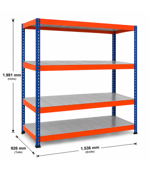 Weitspannregal Z1 Grundregal mit Stahlpaneelen, 1981x1536x926 mm (HxBxT), blau/orange/verzinkt, 4 Ebenen, Fachlast 646 kg, Feldlast 3.200 kg