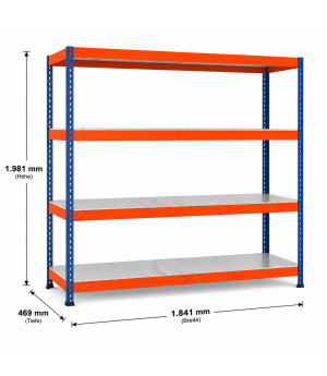 Weitspannregal Z1 Grundregal mit Stahlpaneelen, 1981x1841x469 mm (HxBxT), blau/orange/verzinkt, 4 Ebenen, Fachlast 551 kg, Feldlast 3.200 kg