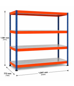 Weitspannregal Z1 Grundregal mit Stahlpaneelen, 1981x1841x773 mm (HxBxT), blau/orange/verzinkt, 4 Ebenen, Fachlast 554 kg, Feldlast 3.200 kg