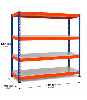 Weitspannregal Z1 Grundregal mit Stahlpaneelen, 1981x1841x926 mm (HxBxT), blau/orange/verzinkt, 4 Ebenen, Fachlast 545 kg, Feldlast 3.200 kg
