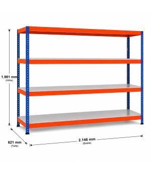 Weitspannregal Z1 Grundregal mit Stahlpaneelen, 1981x2146x621 mm (HxBxT), blau/orange/verzinkt, 4 Ebenen, Fachlast 439 kg, Feldlast 3.200 kg