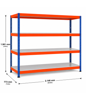Weitspannregal Z1 Grundregal mit Stahlpaneelen, 1981x2146x773 mm (HxBxT), blau/orange/verzinkt, 4 Ebenen, Fachlast 447 kg, Feldlast 3.200 kg