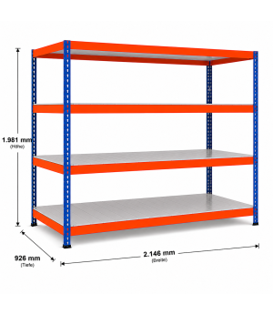 Weitspannregal Z1 Grundregal mit Stahlpaneelen, 1981x2146x926 mm (HxBxT), blau/orange/verzinkt, 4 Ebenen, Fachlast 437 kg, Feldlast 3.200 kg