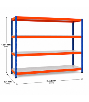 Weitspannregal Z1 Grundregal mit Stahlpaneelen, 1981x2450x621 mm (HxBxT), blau/orange/verzinkt, 4 Ebenen, Fachlast 349 kg, Feldlast 3.200 kg