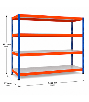 Weitspannregal Z1 Grundregal mit Stahlpaneelen, 1981x2450x773 mm (HxBxT), blau/orange/verzinkt, 4 Ebenen, Fachlast 340 kg, Feldlast 3.200 kg