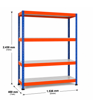 Weitspannregal Z1 Grundregal mit Stahlpaneelen, 2438x1536x469 mm (HxBxT), blau/orange/verzinkt, 4 Ebenen, Fachlast 776 kg, Feldlast 2.800 kg