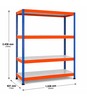 Weitspannregal Z1 Grundregal mit Stahlpaneelen, 2438x1536x621 mm (HxBxT), blau/orange/verzinkt, 4 Ebenen, Fachlast 767 kg, Feldlast 2.800 kg