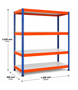 Weitspannregal Z1 Grundregal mit Stahlpaneelen, 2438x1536x926 mm (HxBxT), blau/orange/verzinkt, 4 Ebenen, Fachlast 646 kg, Feldlast 2.800 kg