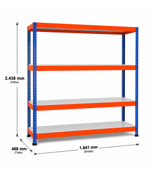 Weitspannregal Z1 Grundregal mit Stahlpaneelen, 2438x1841x469 mm (HxBxT), blau/orange/verzinkt, 4 Ebenen, Fachlast 551 kg, Feldlast 2.800 kg