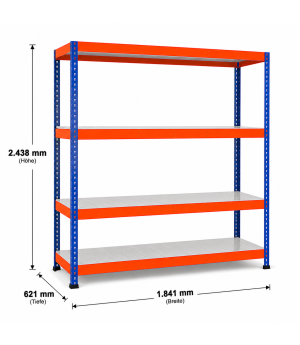 Weitspannregal Z1 Grundregal mit Stahlpaneelen, 2438x1841x621 mm (HxBxT), blau/orange/verzinkt, 4 Ebenen, Fachlast 559 kg, Feldlast 2.800 kg