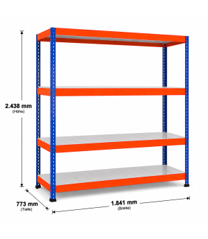 Weitspannregal Z1 Grundregal mit Stahlpaneelen, 2438x1841x773 mm (HxBxT), blau/orange/verzinkt, 4 Ebenen, Fachlast 554 kg, Feldlast 2.800 kg
