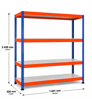 Weitspannregal Z1 Grundregal mit Stahlpaneelen, 2438x1841x926 mm (HxBxT), blau/orange/verzinkt, 4 Ebenen, Fachlast 545 kg, Feldlast 2.800 kg