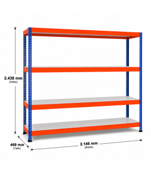 Weitspannregal Z1 Grundregal mit Stahlpaneelen, 2438x2146x469 mm (HxBxT), blau/orange/verzinkt, 4 Ebenen, Fachlast 442 kg, Feldlast 2.800 kg