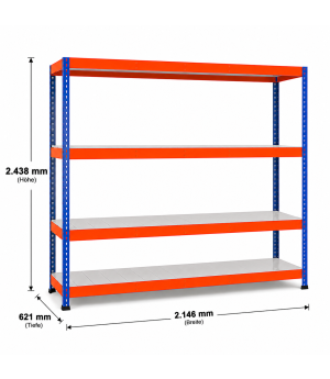 Weitspannregal Z1 Grundregal mit Stahlpaneelen, 2438x2146x621 mm (HxBxT), blau/orange/verzinkt, 4 Ebenen, Fachlast 439 kg, Feldlast 2.800 kg