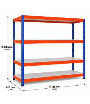Weitspannregal Z1 Grundregal mit Stahlpaneelen, 2438x2146x926 mm (HxBxT), blau/orange/verzinkt, 4 Ebenen, Fachlast 437 kg, Feldlast 2.800 kg