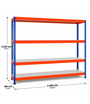 Weitspannregal Z1 Grundregal mit Stahlpaneelen, 2438x2450x469 mm (HxBxT), blau/orange/verzinkt, 4 Ebenen, Fachlast 344 kg, Feldlast 2.800 kg