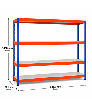 Weitspannregal Z1 Grundregal mit Stahlpaneelen, 2438x2450x621 mm (HxBxT), blau/orange/verzinkt, 4 Ebenen, Fachlast 349 kg, Feldlast 2.800 kg