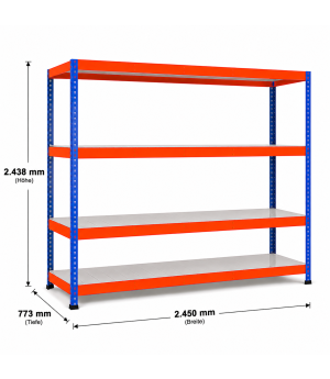 Weitspannregal Z1 Grundregal mit Stahlpaneelen, 2438x2450x773 mm (HxBxT), blau/orange/verzinkt, 4 Ebenen, Fachlast 340 kg, Feldlast 2.800 kg