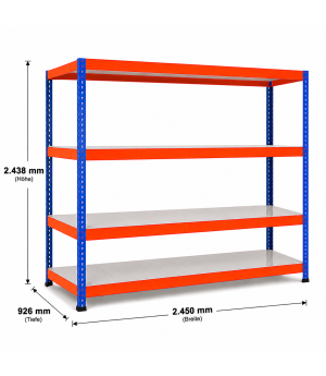 Weitspannregal Z1 Grundregal mit Stahlpaneelen, 2438x2450x926 mm (HxBxT), blau/orange/verzinkt, 4 Ebenen, Fachlast 340 kg, Feldlast 2.800 kg