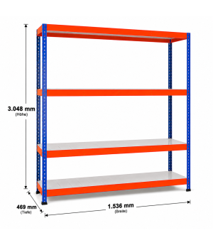 Weitspannregal Z1 Grundregal mit Stahlpaneelen, 3048x1536x469 mm (HxBxT), blau/orange/verzinkt, 4 Ebenen, Fachlast 776 kg, Feldlast 2.500 kg