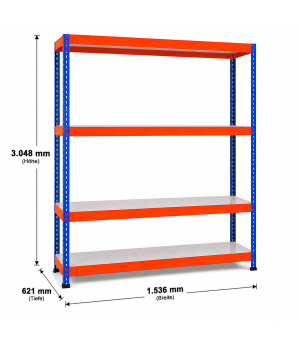Weitspannregal Z1 Grundregal mit Stahlpaneelen, 3048x1536x621 mm (HxBxT), blau/orange/verzinkt, 4 Ebenen, Fachlast 767 kg, Feldlast 2.500 kg