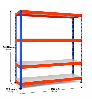 Weitspannregal Z1 Grundregal mit Stahlpaneelen, 3048x1536x773 mm (HxBxT), blau/orange/verzinkt, 4 Ebenen, Fachlast 709 kg, Feldlast 2.500 kg