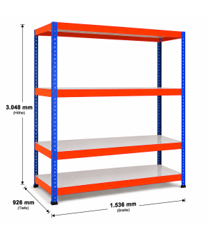 Weitspannregal Z1 Grundregal mit Stahlpaneelen, 3048x1536x926 mm (HxBxT), blau/orange/verzinkt, 4 Ebenen, Fachlast 646 kg, Feldlast 2.500 kg