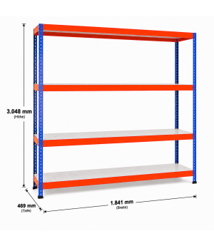 Weitspannregal Z1 Grundregal mit Stahlpaneelen, 3048x1841x469 mm (HxBxT), blau/orange/verzinkt, 4 Ebenen, Fachlast 551 kg, Feldlast 2.500 kg