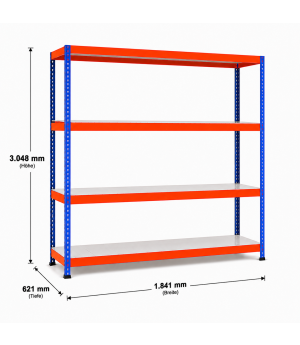 Weitspannregal Z1 Grundregal mit Stahlpaneelen, 3048x1841x621 mm (HxBxT), blau/orange/verzinkt, 4 Ebenen, Fachlast 559 kg, Feldlast 2.500 kg